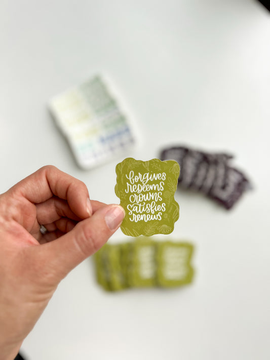 Sticker: Forgives Redeems Crowns Satisfies Renews | Psalm 103
